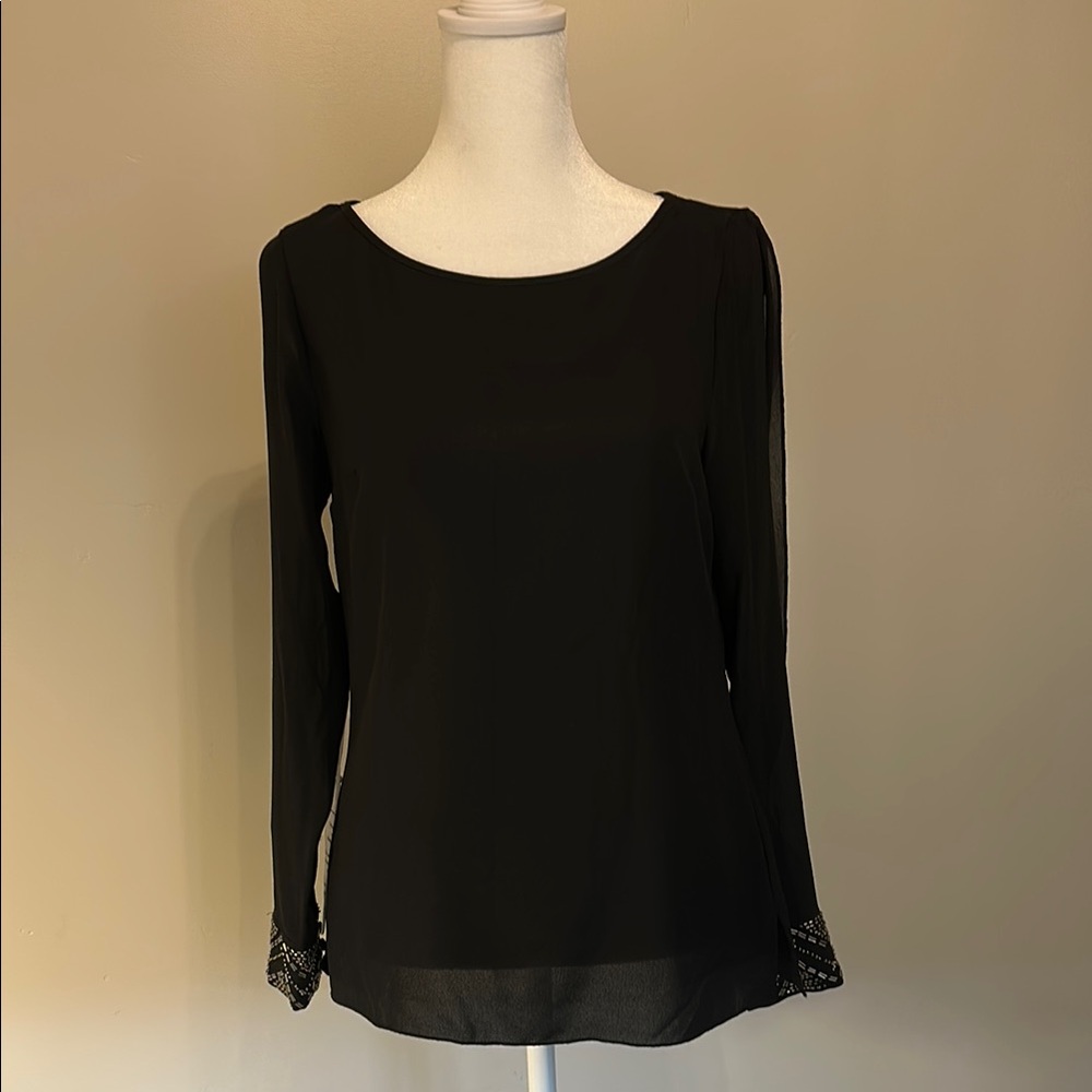 Bebe Black Sheer Blouse with Long Split Sleeves